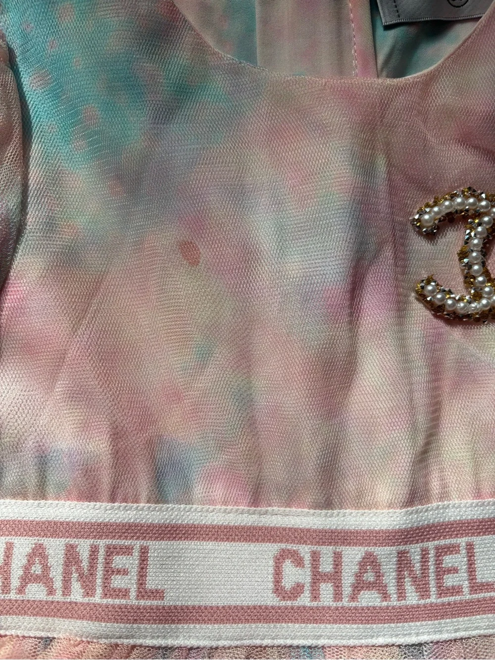 CHANEL Pastel Pink Blue Cream Tulle Dress with CC Brooch. Not original Chanel .